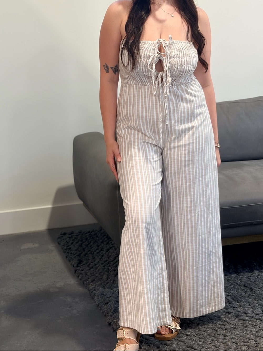 Smocked Tie-Front Wide-Leg Jumpsuit in Beige Stripe